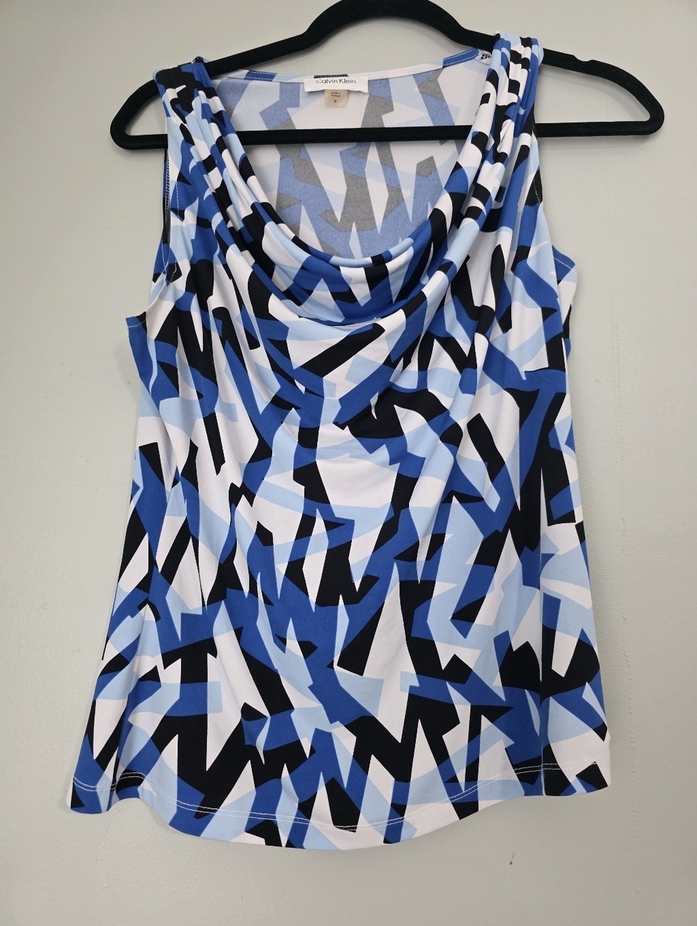 Calvin Klein Blue Black White Geometric Drape Neck Tank
